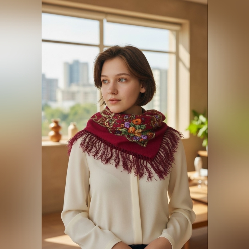 Floral Fringe Shawl Scarf - 100% Wool